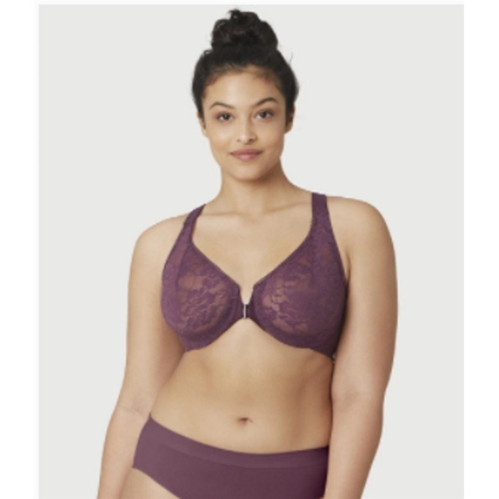 NWOT Glamorise 40B Lacey T-Back Front-Close WonderWire 9246 Bra Purple 132378